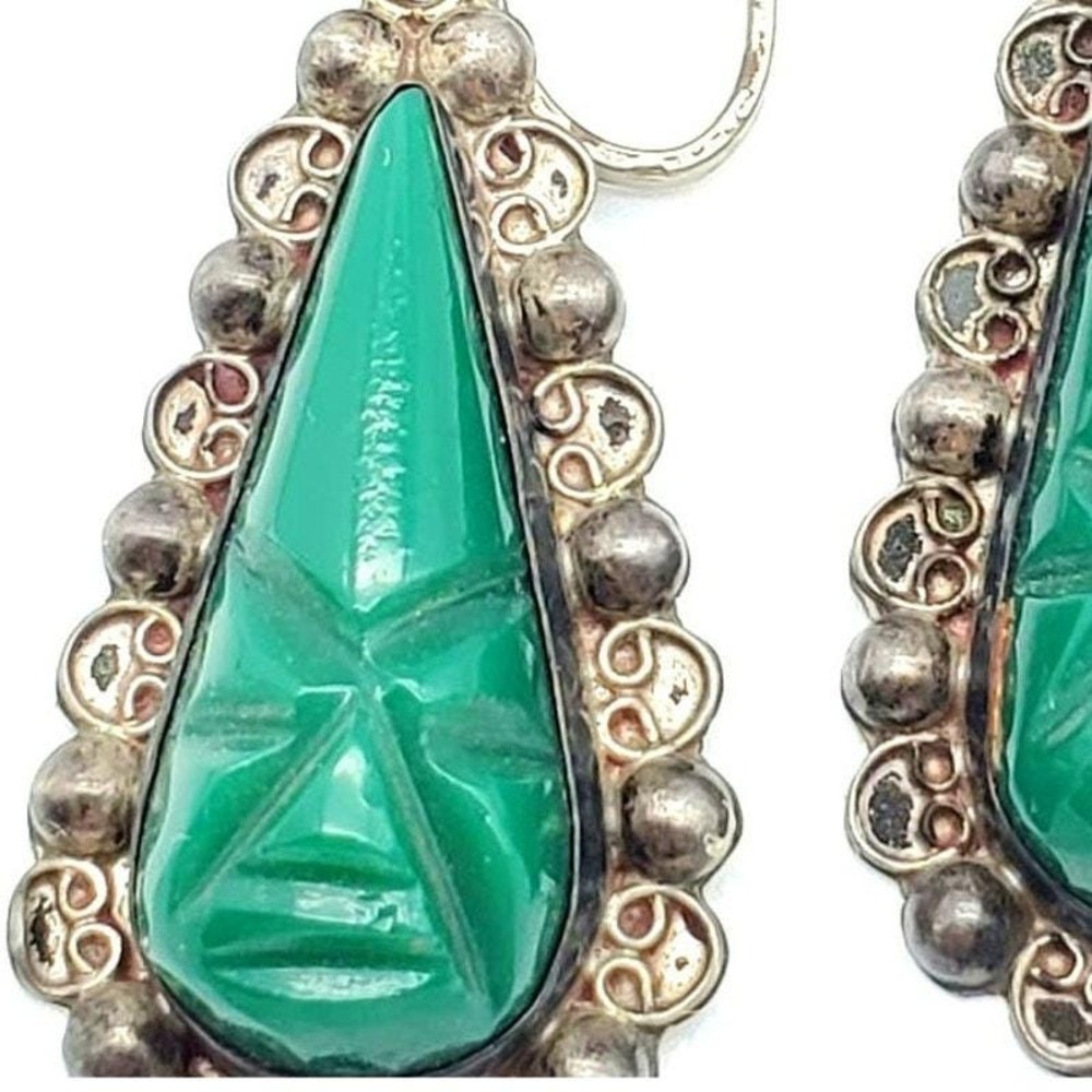 Green‎ Earrings Sterling Silver Screw Back Carved Teardrop Dangle Mexican Tribal